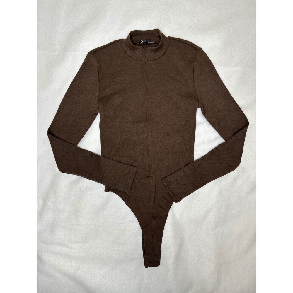 Womens Ribbed Mock Neck Zip Front Long Sleeve Bodysuit Brown Medium